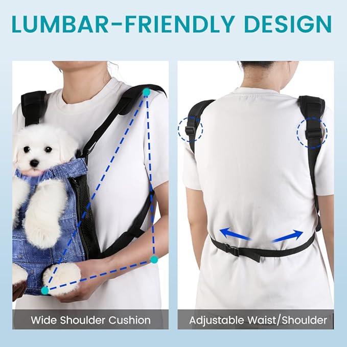 Dog Backpack Carrier, Front Pocket for Essentials, Pet Sling Front Backpacks for Small Medium Dogs 7-11 Lbs, Legs Out, Adjustable Wearable Puppy Chest Travel Bag, Easy-Fit for Hiking/Walking/Camping