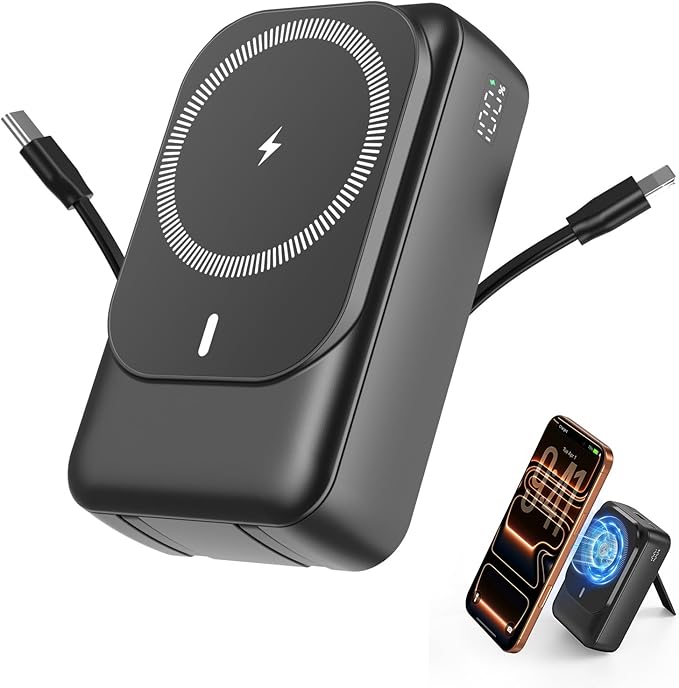 Magnetic Wireless Power Bank 26800mAh, PD 22.5W Type-C Fast Charging Portable Charger 5 Outputs, Battery Pack for Magsafe Built in 2 Cables with Stand LED Display for iPhone 17/16/15/14/13/12-Black