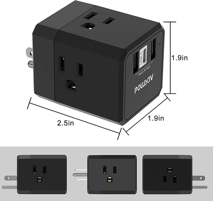 Cruise Ship Essentials, 3-Side Outlet Splitter with 3 USB Ports(1 USB C) USB Wall Charger, Outlet Extender for Home, Office and Cruise, ETL Listed, Black