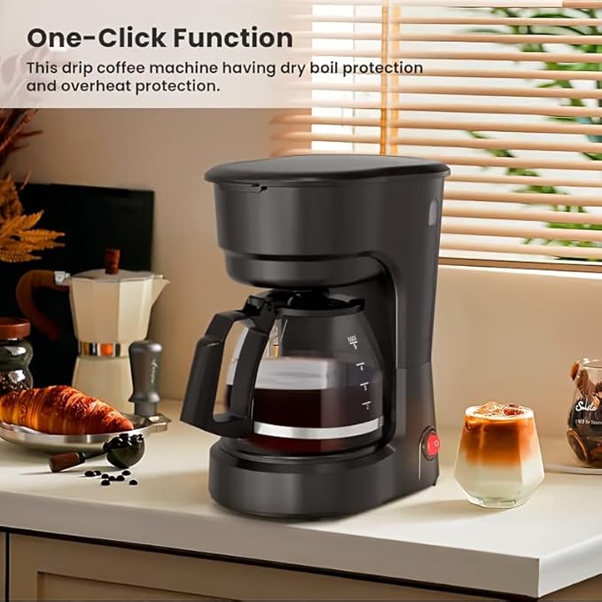 Coffee Maker, 5 Cup Drip Coffee Machine with Glass Carafe, Compatible with Ground&Tea Leaves – Portable Small Cafetera for Home, Office, Travel & Camping-Black