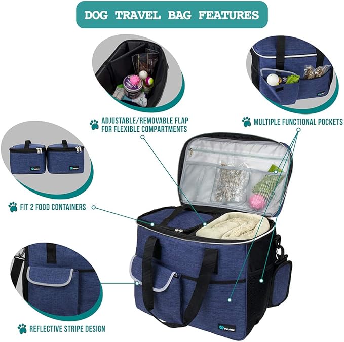 PetAmi Dog Travel Bag, Travel Pet Bag Organizer, Dog Food Travel Bag with Container Collapsible Bowls, Pet Travel Supplies Gift Accessories for Weekend Camping, Puppy Cat Diaper Bag, Navy Blue Large