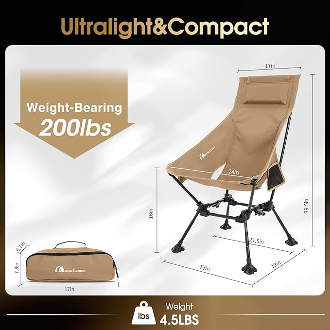 MOON LENCE High Back Folding Camping Chairs, Adjustable Height Beach Chair with Anti-Sinking Feet & Widened Seat (Khaki)