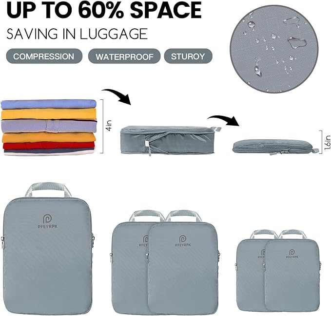 PFEYRPK Lightweight Compression Packing Cubes for Suitcases, Compressible Expandable Travel Packing Organizer with Clear Toiletries and Backpack Bag, Travel Essentials for Carry on Luggage 7 Set