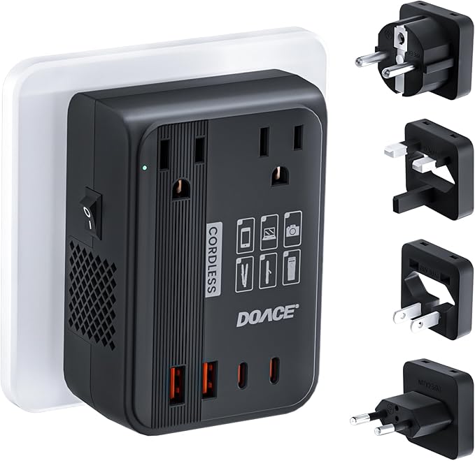 DOACE 220V to 110V Converter 350W Voltage Converter US to Europe for Hair Straightener/Curling Iron Converter for European Travel with 4-Port USB Charging and UK/AU/US/EU Worldwide Plug Adapter