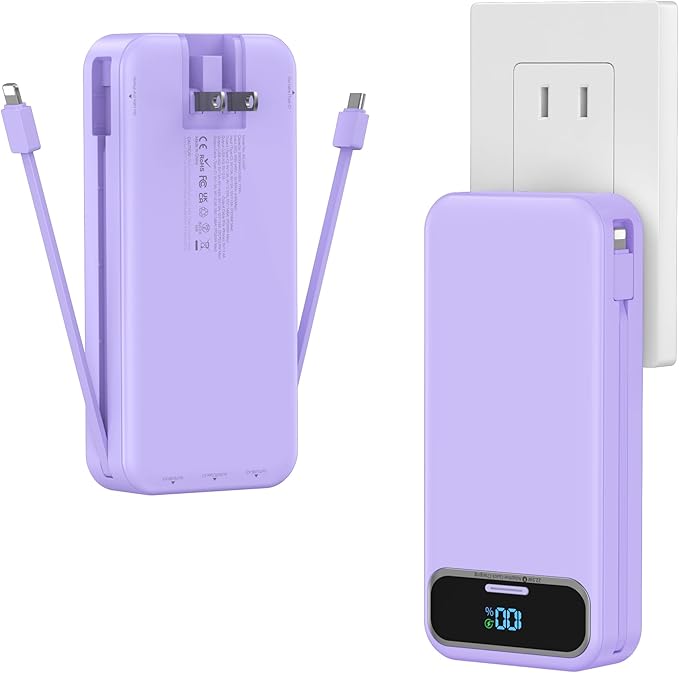 20000mAh Lightweight-Portable-Charger-Power-Bank with Built-in Cables and AC Wall Plug, PD20W USB-C Fast Charging Battery Pack, LED Display External Travel Phone Charger for All iPhone,Samsung,Android
