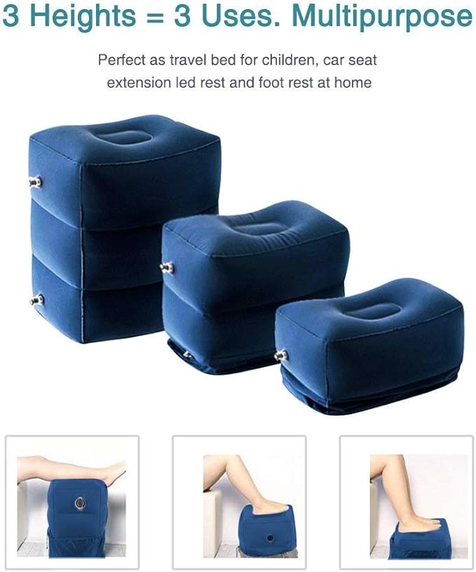 Travel Foot Rest Pillow, Portable Inflatable with Double Hand Pump Adjustable Three Layers Height Pillow for Foot Rest on Airplanes,Cars,Buses,Trains,Office to Sleep on Long Trip