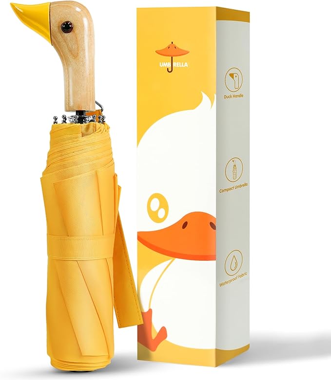 Compact Small Umbrellas for Rain&Sun, Cute Design Duck Head Umbrella for Girls Gifts, 8 Ribs Folding Umbrella with Wooden Handle