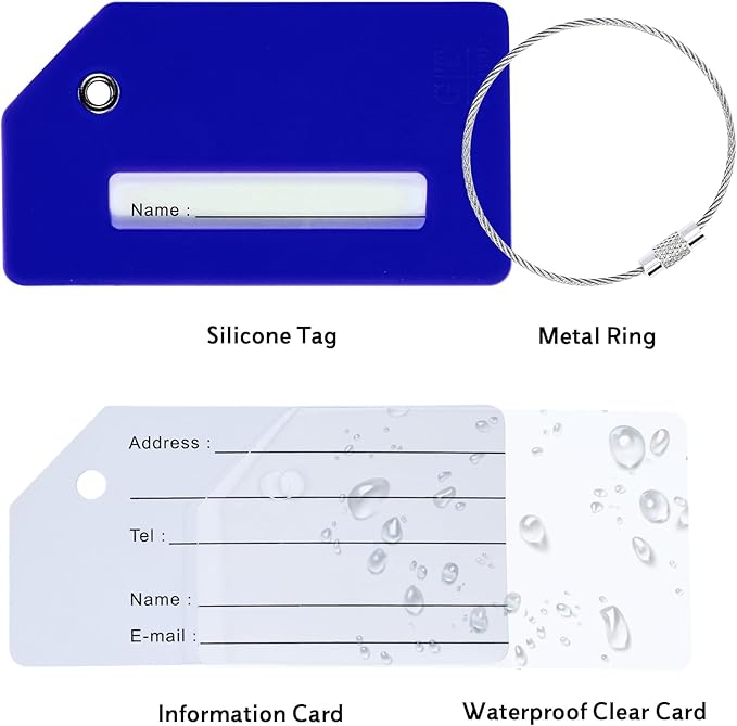 14 Pack Silicone Luggage Tag for Suitcases with Stainless Loop, TSA Approved, Privacy Protection Travel Essentials Bag Tags by Gostwo, Blue