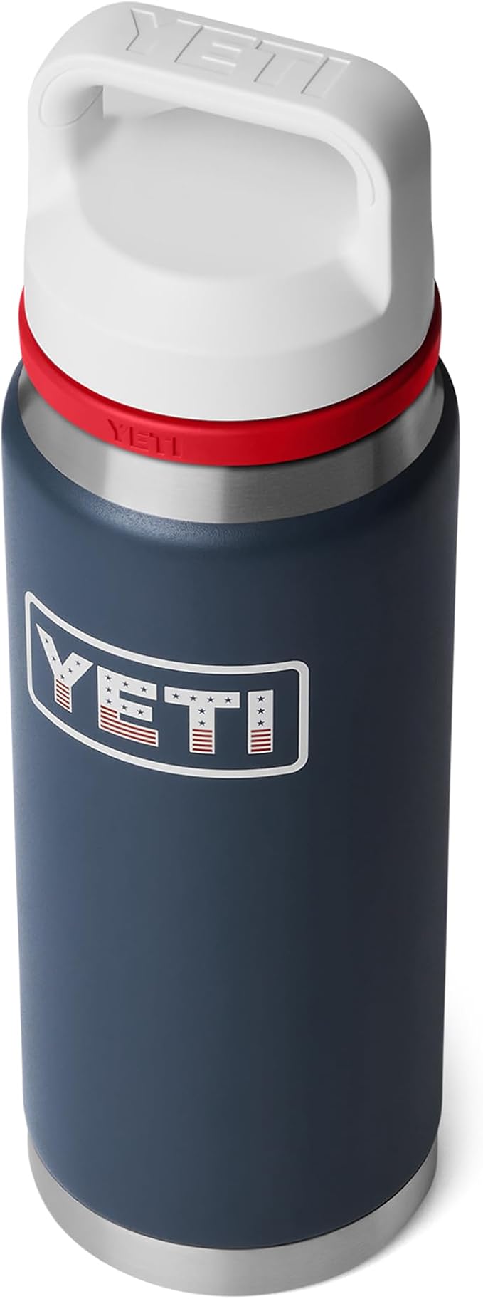 YETI Rambler 26 oz Bottle, Leakproof, Vacuum Insulated, Stainless Steel with Chug Cap, Navy/Rescue Red/White/Badge