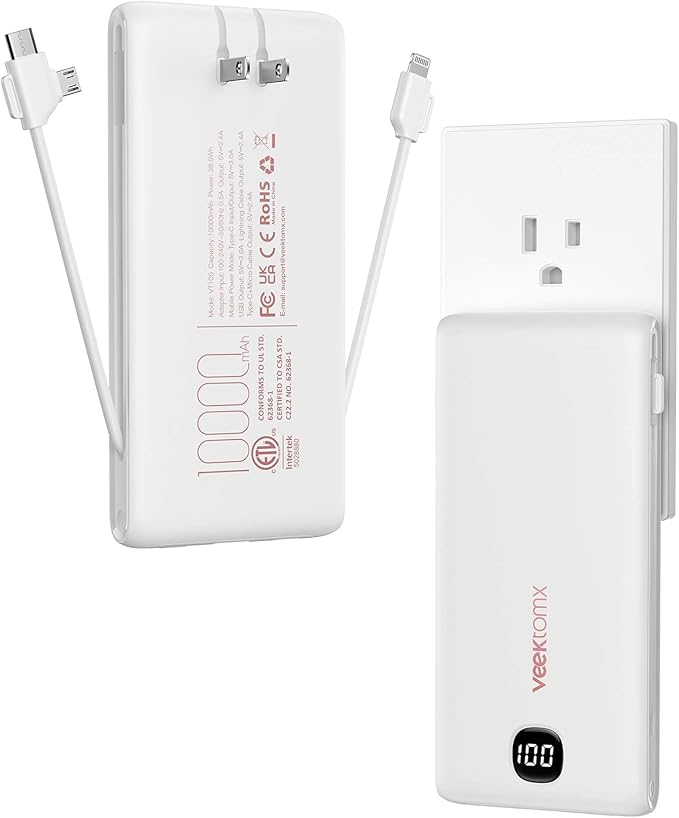 VEEKTOMX Portable Charger with Built in Cables 10000mAh, Power Bank for iPhone with Wall Plug, Travel Essential Fast Charging Slim USB C External Battery Pack for iPhone 17/16/15, Samsung, iPad, etc