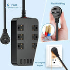 Wall Mount Power Outlet 6 AC Multi-Outlet Extender 5 USB Charging Ports Black Flat Plug 6ft Extension Cord 10A 2500W Compact Plug and Socket Home Office