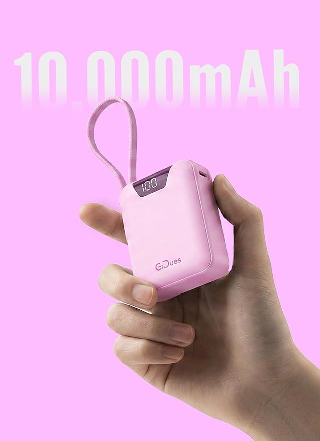 M1 Mini Portable Charger, 10000mAh Ultra-Compact Power Bank, 22.5W PD Fast Charging, Tpye-C Built-in Cable, Small External Battery Pack for iPhone, Samsung, Android iPad (Pink)