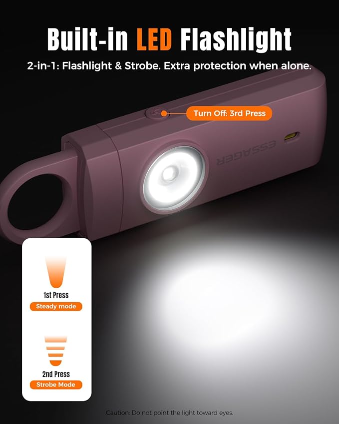 ESSAGER Personal Safety Alarm for Women, 130 dB Self Defense Siren, Rechargeable & Portable with Keychain and Carabiner, Low Battery Notice, LED Strobe Light for Kids, Seniors, College Students(Pink)
