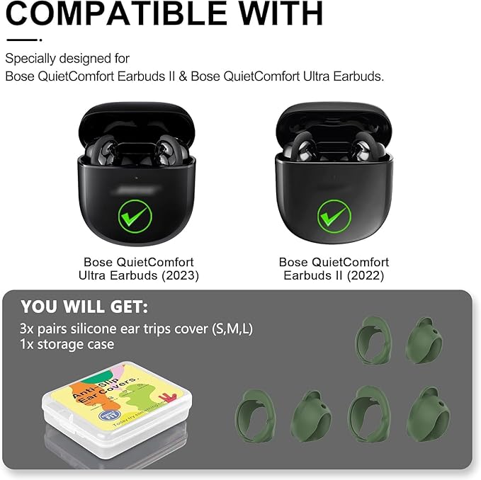 [3 Pairs] Ear Tips Cover for Bose QuietComfort Earbuds II (2022) &Bose QuietComfort Ultra Earbuds (2023), Silicone Sport Ear Hook Cover, Anti-Slip Replacement Eartip Accessories (S,M,L) (Green)