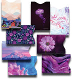8 RFID Blocking Sleeves, Unique Designs and Arts in Purple, Anti-Theft Credit Card Holder, Credit Card Protector, Easy to Recognize, Sturdy and Perfect size for cards
