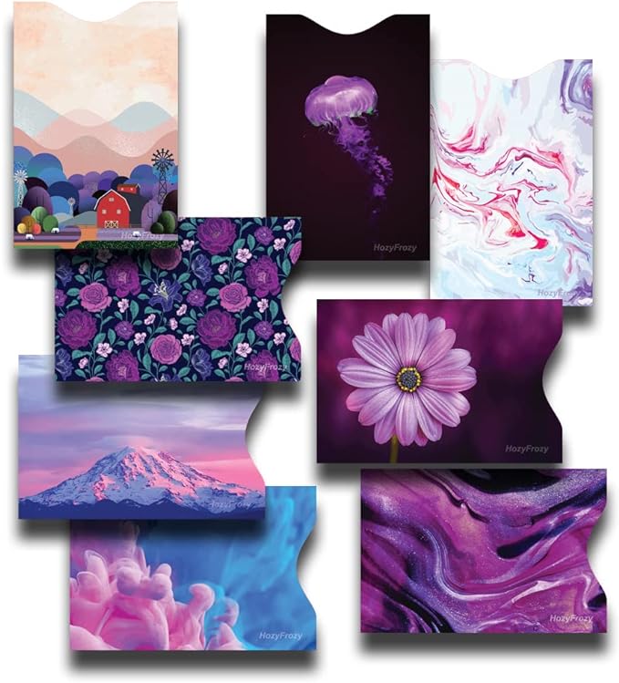 8 RFID Blocking Sleeves, Unique Designs and Arts in Purple, Anti-Theft Credit Card Holder, Credit Card Protector, Easy to Recognize, Sturdy and Perfect size for cards