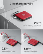 VRURC 10000mAh Portable Charger for iPhone with Built-in Cables, 22.5W Fast Charging Power Bank with LED Display, Slim USB C Battery Pack for iPhone 17, Samsung S25, Travel Essentials (Red)