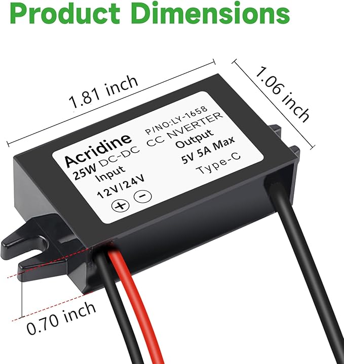 DC 12V/24V to 5V 5A 25W USB-C Step Down Converter Buck Module Adapter(1-Pack)