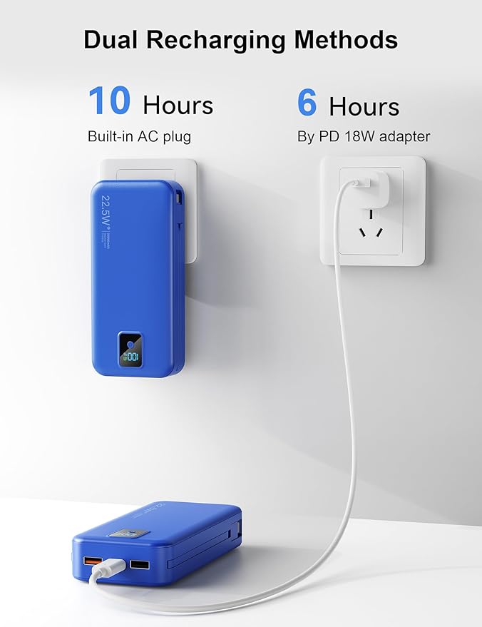 Portable Charger, 20000mAh 22.5W Fast Charging Power Bank with Built-in Cables & Wall Plug, Travel Essentials Battery Pack with LED Display, USB C External Battery Bank for iPhone iPad, Samsung Navy