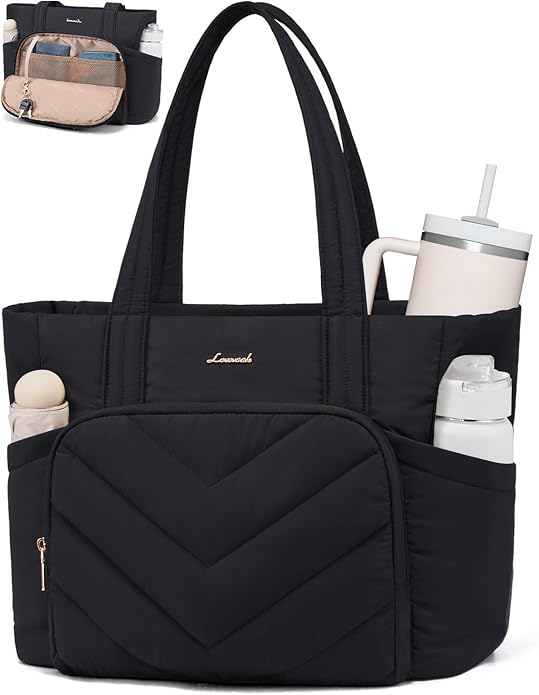 LOVEVOOK Puffer Tote Bag for Women, V-Quilted Puffy Teacher Tote Nurse Bag, Large Shoulder Laptop Purse for Work Travel Gym