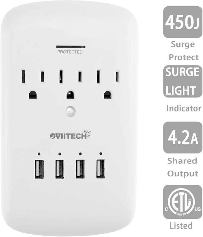 Oviitech Multi Outlet Wall Mount Adapter Surge Protector with 4 (4.2 AMP) USB Charging Ports,3 Outlet Extender Socket Plugs,White,ETL Certified.