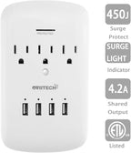 Oviitech Multi Outlet Wall Mount Adapter Surge Protector with 4 (4.2 AMP) USB Charging Ports,3 Outlet Extender Socket Plugs,White,ETL Certified.