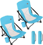 TOBTOS Low Beach Chair for Adults 2 Pack, Low Profile Folding with Cup Holder & Carry Bag, Heavy Duty Chair for Outdoor Sand, Camping, Concert, Travel