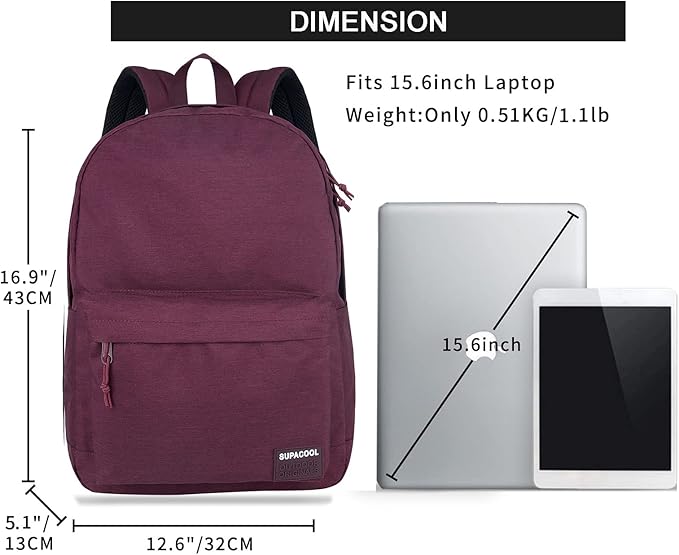 SUPACOOL Casual Laptop Backpack for Men and Women, Backpack for College, USB Charging Port, Lightweight Pack Back(Burgundy Red)