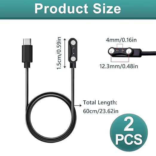 2 Pcs USB C Smart Watch Charger, 2-Pin 4 mm Magnetic Smartwatch Charging Cable, Replacement Charging Cord for Smart Watch & Fitness Tracker, Strong Magnetic Adsorption, Fast Safe Charging