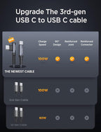 AINOPE USB C Cable 60W 2-Pack 6.6ft Nylon Braided USB C to USB C Cable Type C Charger Fast Charging Right Angle USBC Cable Charger Cord for iPhone 16 Pro Max 15 Plus Samsung S24 S23 iPad Space Gray