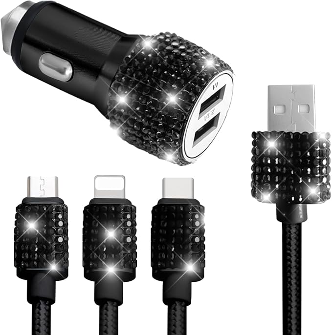 Bling Dual USB Car Charger with 3-in-1 Multi Fast Charging Cable, Dual Port Charger Adapter with Type C Micro USB Cord for iPhone, Android, Rhinestones Car Interior Accessories for Women(Black)