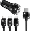 Bling Dual USB Car Charger with 3-in-1 Multi Fast Charging Cable, Dual Port Charger Adapter with Type C Micro USB Cord for iPhone, Android, Rhinestones Car Interior Accessories for Women(Black)