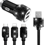 Bling Dual USB Car Charger with 3-in-1 Multi Fast Charging Cable, Dual Port Charger Adapter with Type C Micro USB Cord for iPhone, Android, Rhinestones Car Interior Accessories for Women(Black)