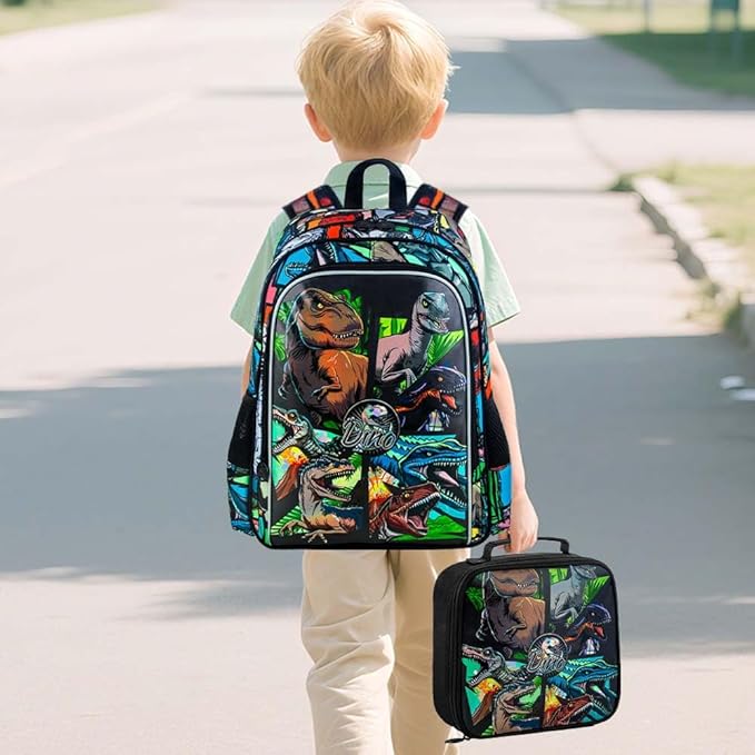 5Pcs Kids Luggage for Boys, Dinosaur Rolling Travel Carry on Suitcase for Toddler Children with Wheels(Black)