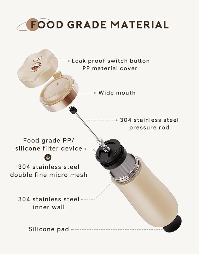 Travel Coffee Press, Vacuum Insulated Portable French Press, Stainless Steel Portable Coffee Maker/Tea Press, 12oz, Beige