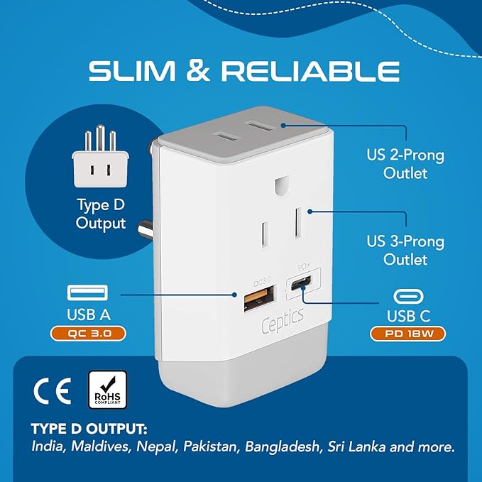 Ceptics India Maldives Power Plug Adapter Travel QC 3.0 & PD, Safe Dual USB & USB-C - 2 USA Socket Compact & Powerful - Use in Pakistan Nepal Sri Lanka - Type D AP-10 - Fast Charging