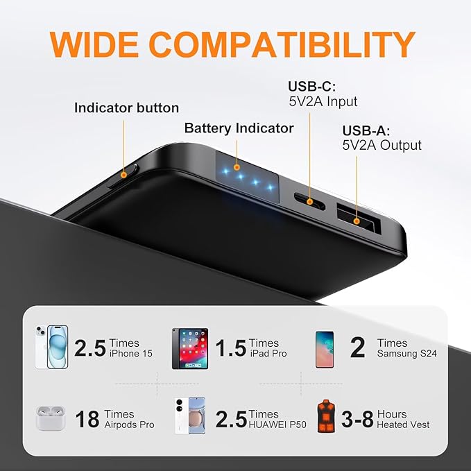 Heated Vest Battery Pack, 5V 2A 10,000 mAH Ultra Slim Compact Portable Charger with USB-C Charging Cable, Rechargeable Power Bank for Men Women Heated Jacket, Pants, Clothing, iPhone,Etc