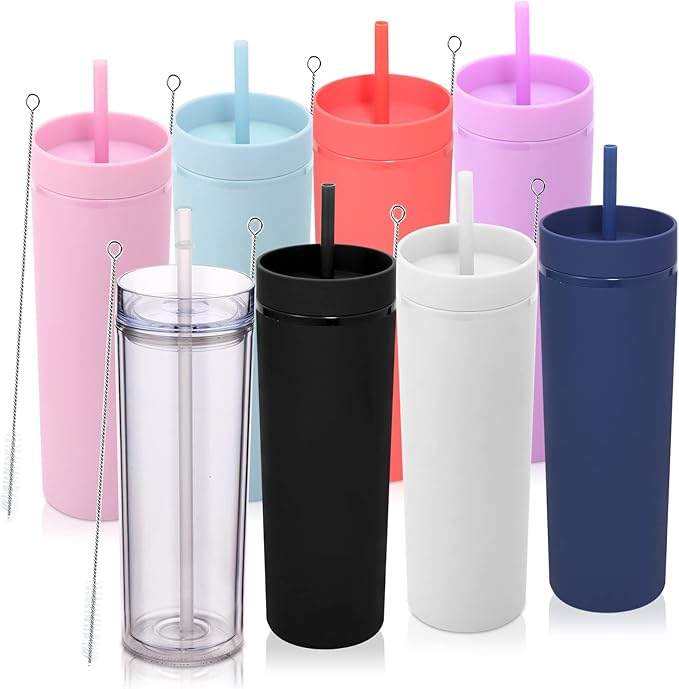 Volhoply 20oz Tumbler with Lid and Straw 8 Pack,Double Wall Plastic Skinny Tumblers Bulk,Reusable Travel Coffee Mug,BPA Free Matte Acrylic Water Cups with Straw for Party,DIY Gifts(Assorted, 8 Set)