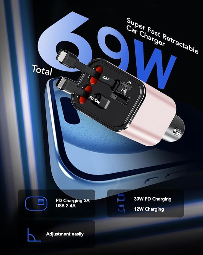 69W Fast Charging USB C Car Charger, 4-in-1 Retractable Phone Charger for iPhone 17, Travel Essentials, Gifts for Women Men, Car Accessories for Women Men, for iPhone 17 16 15 14 13, Galaxy, Pixel