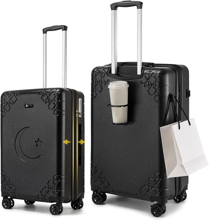 Somago Expandable 2-Piece Luggage Sets 20"/24" Suitcases with Shock-Absorbing Braking Spinner Wheels Moon Star Design Hard Shell Suitcase with Cupholder TSA Lock (Black,Expandable 20/24 Inch)