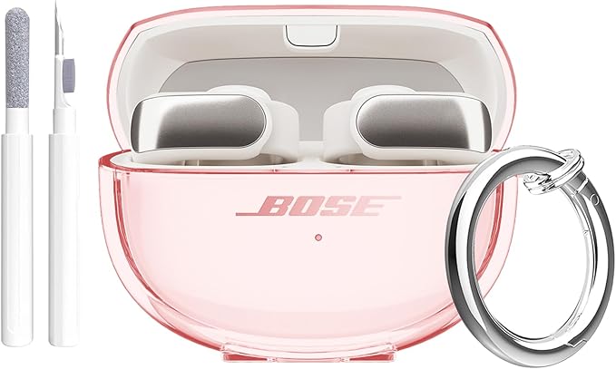 Aircawin for Bose Ultra Open Earbuds Case Clear 2024,Full Protective Shockproof Soft Transparent TPU Cover for Bose Open Ear Wireless Earbud Headphone Accessories with Carabiner and Cleaning Pen-Pink