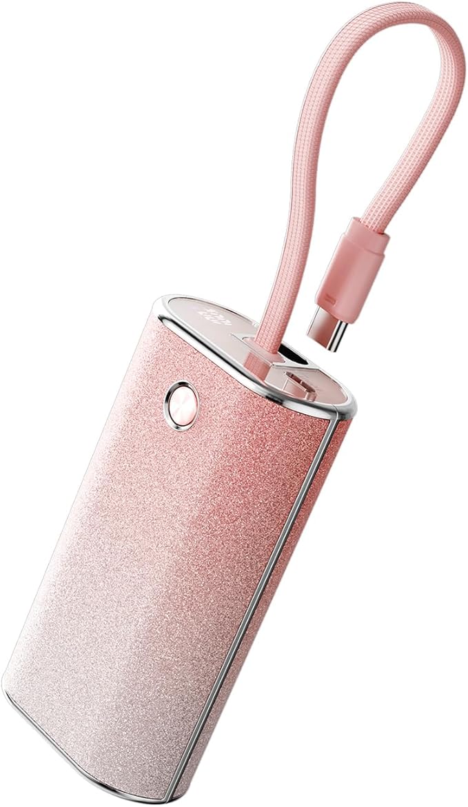 iWALK Sparkly 10000mAh Portable Charger, 22.5W Fast Charging Small Power Bank with Built-in USB-C Cable, Diamond Glitter Ultra-Compact Battery for iPhone 17/17 Pro/16/16 Pro/15, Samsung,ShinyPink