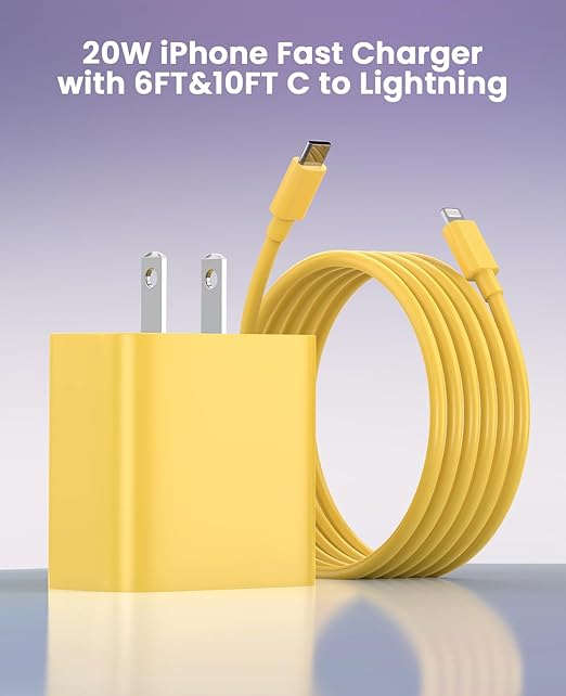 FEEL2NICE iPhone Charger Fast Charging 2 Pack Type C Wall Charger Block with 2 Pack [6FT&10FT] Long USB C to Lightning Cable for iPhone 14/13/12/12 Pro Max/11/Xs Max/XR/X,AirPods Pro,Yellow