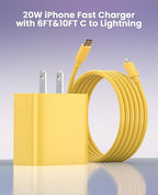 FEEL2NICE iPhone Charger Fast Charging 2 Pack Type C Wall Charger Block with 2 Pack [6FT&10FT] Long USB C to Lightning Cable for iPhone 14/13/12/12 Pro Max/11/Xs Max/XR/X,AirPods Pro,Yellow