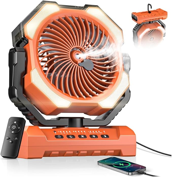 Misting Fan, Portable Camping Fans with 9oz Water Tank, 24000mAh Rechargeable Fan with 4 Speed, Battery Powered Fans with 120H Cooling, Last 5H Mist, 2 Mist Modes, Light, Outside/Summer Essential