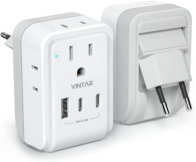 1 Pack European Travel Plug Adapter, VINTAR Foldable International Power Adapter with 4 AC Outlets 3 USB Ports(2 USB C), Type C Adaptor Charger for US to Most of Europe EU Italy Spain France Iceland