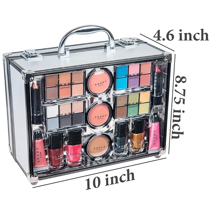 SHANY Carry All Trunk Makeup Train Case with Re-usable Aluminum Beauty Storage Organizer Case. Make up Set with Eye palettes, Blushes,Face Powders, Manicure, Pedicure and Cosmetics Brushes. GIFT SET