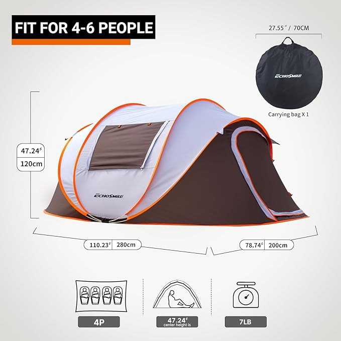 EchoSmile Pop Up Camping Tent, 2/4/6 Person Easy Setup Tent, Water Resistant Dome, Portable with Carry Bag