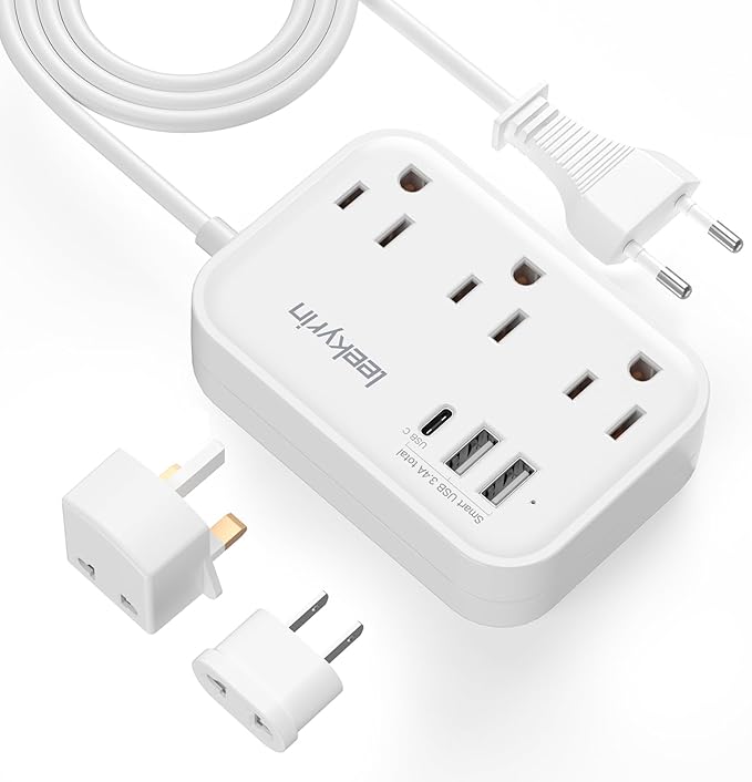 European Travel Plug Adapter, US to UK Europe Power Strip for EU/UK/US with USB C, 3 USB Ports 3 AC Outlets, 3ft Extension Cord, International Travel Power Strip, Type C for Europe EU Germany France