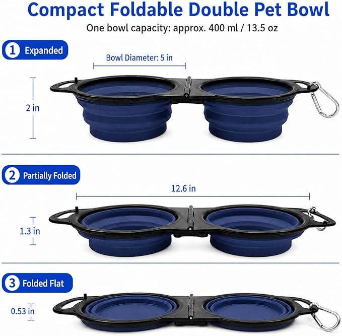 Collapsible Dog Bowls with Carabiner, Double Portable Travel Pet Bowls for Food and Water, Foldable Silicone Dog Bowl for Walking, Hiking, Camping, Small Medium Dogs and Cats, Gray